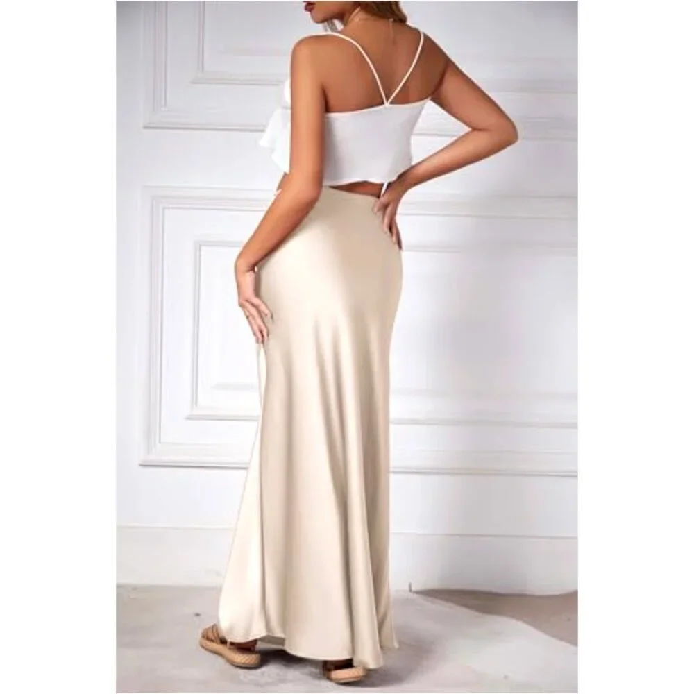 Satin Maxi Skirt Elegant Flowy A-Line Drawstring Waist Casual Formal Wear - Picture 3 of 6